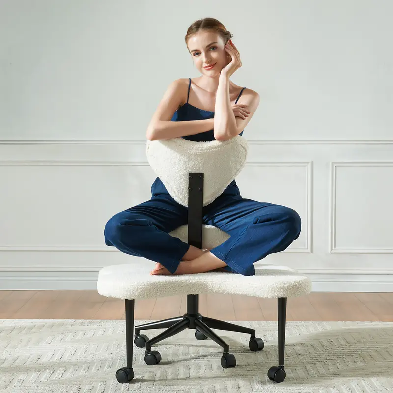 Pinmoco Cross-Leg Ergonomic Office Chair - Heart-Shaped Backrest, 360° Swivel, Adjustable Height, Spacious, Armless, Velvet/Pu Leather, 31.5" Wide Footrest, Pu Leather Wipes Clean Fast, Quick Install for Home Office Meditation