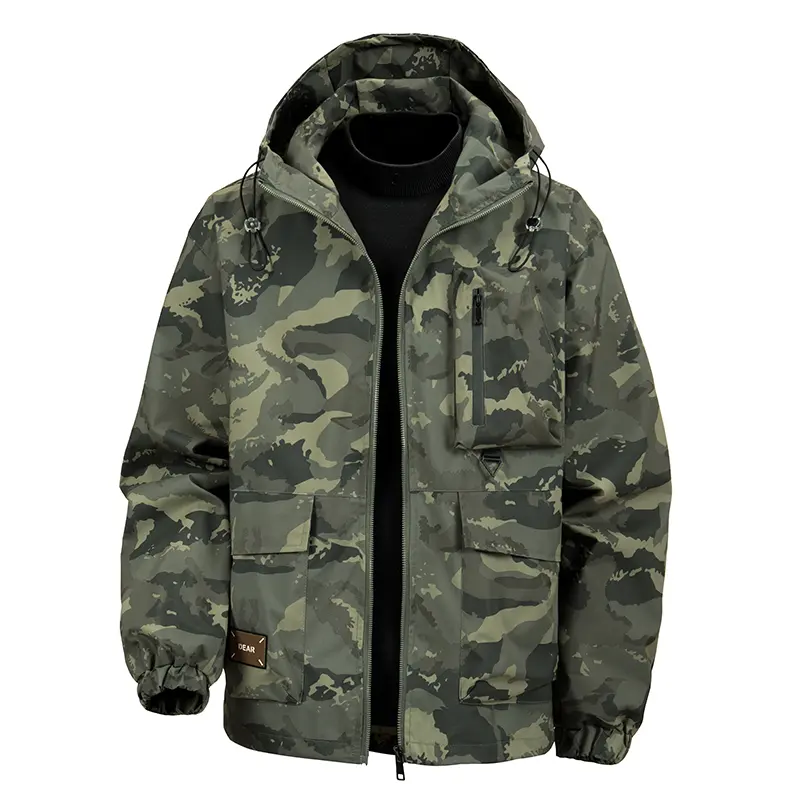 Men's Lightweight Soft Shell Jacket - Fitted Athletic Woven Outerwear with Camouflage Print, Hooded, Windproof & Water-Resistant, Windproof Outerwear, Waterproof, Outdoor, Jackets, Trending