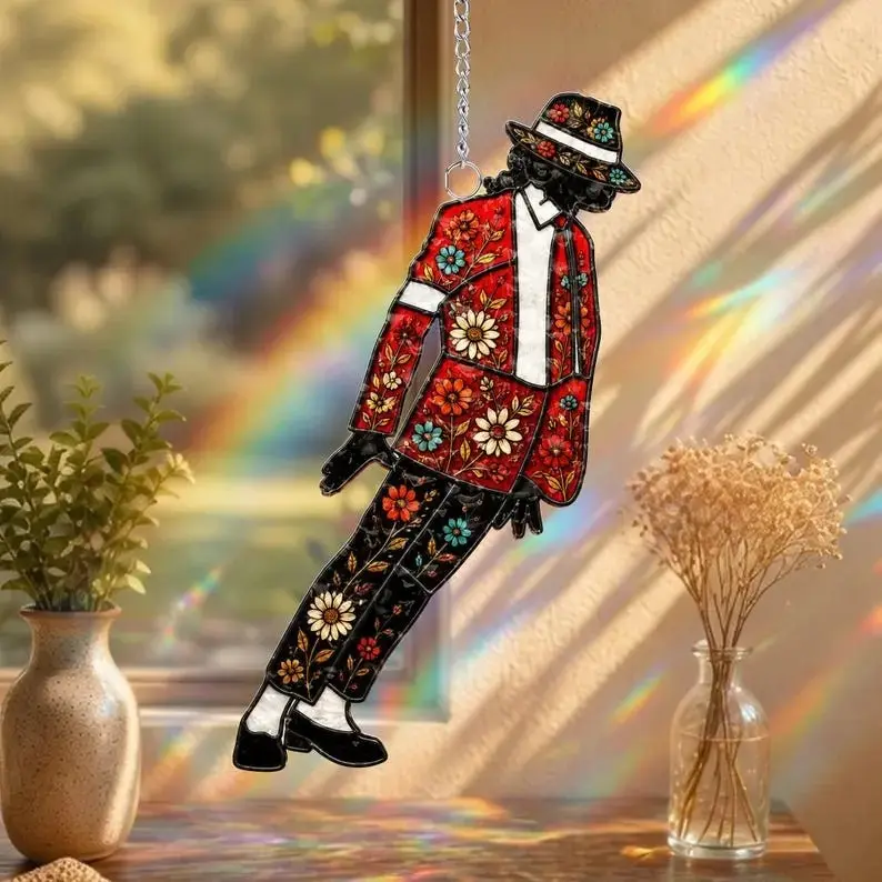 Michael Jackson Stained Glass Suncatcher Acrylic Window Hanging Ornament King of Pop Retro Moonwalk Rainbow Maker Car Pendant Music Icon Fan Collectible Gift Decor