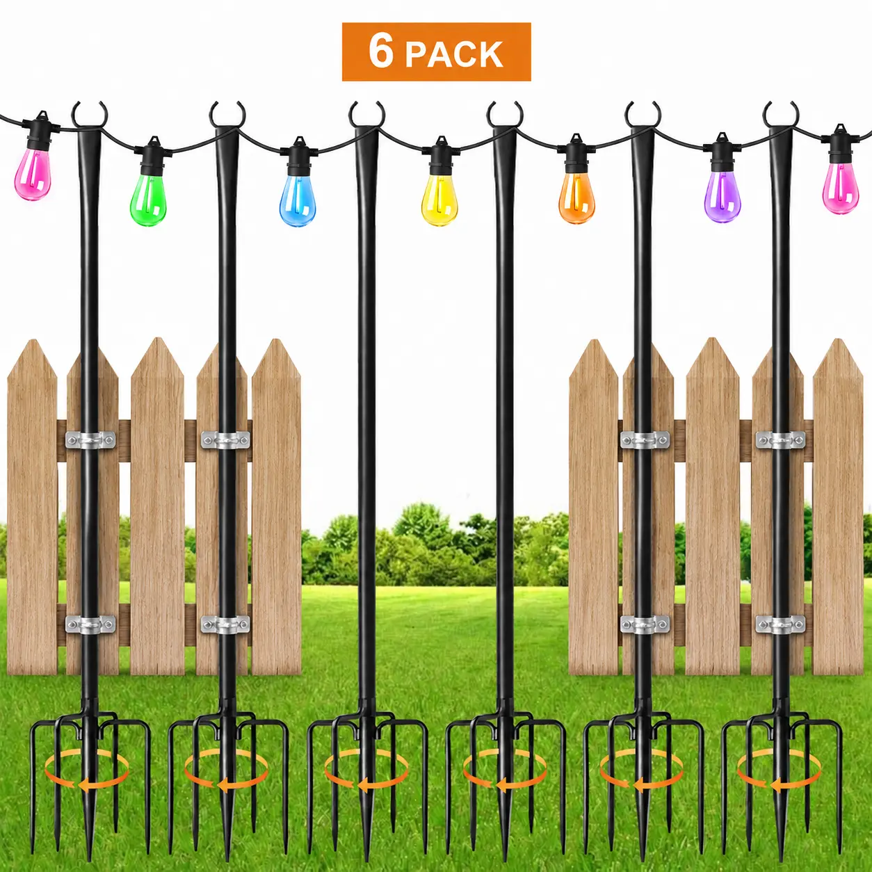 10Ft Outdoor String Light Metal Poles - Double Shepherd Hook Stands, Heavy-Duty Adjustable Hanging Posts with Ground Stakes for Decks, Backyard, Garden, String Decorative Lights, 4/6/8/12 Pack