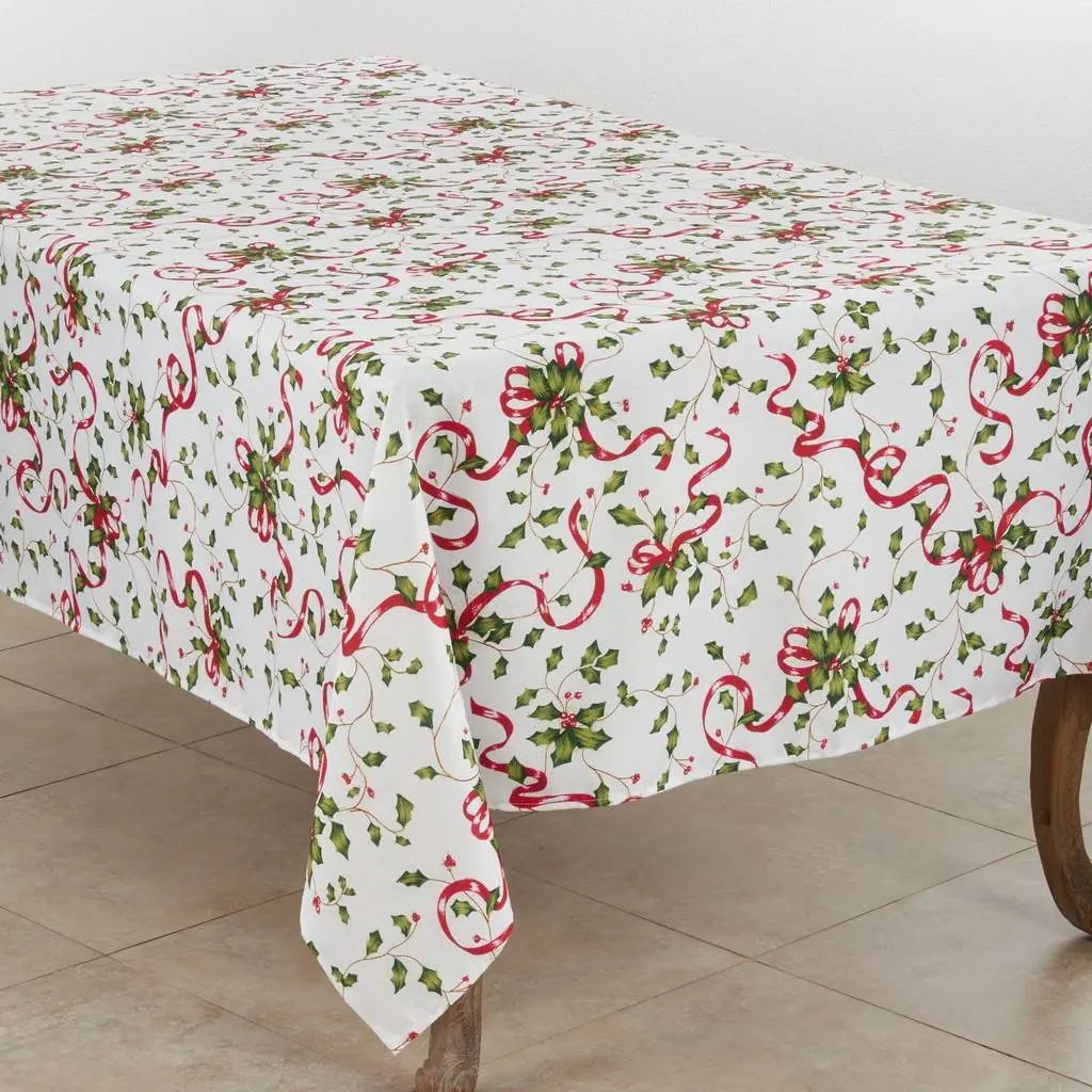 Saro Lifestyle 3175.M6084B 60 x 84 in. Christmas Tablecloth with Holly & Ribbon Design, Multi Color