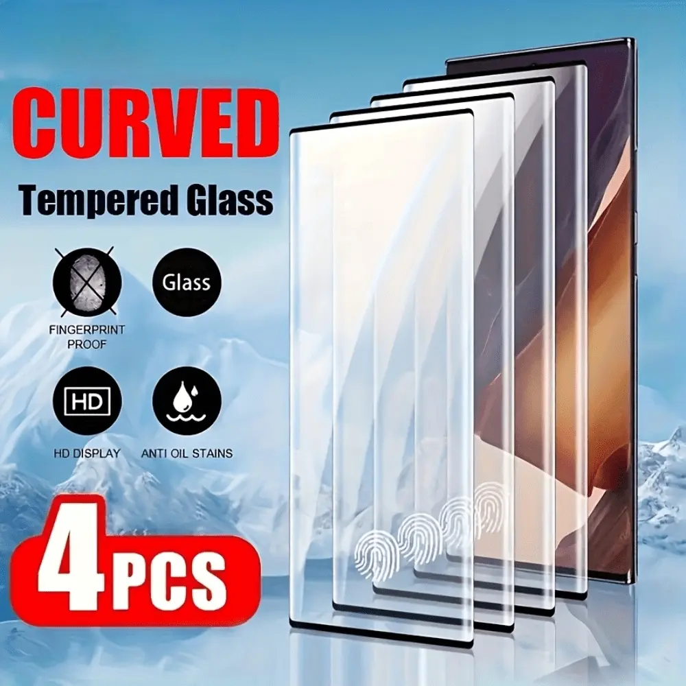 4 Pcs HD Tempered Glass Curved Screen Protector Compatible With Samsung Galaxy S25 Ultra S24 S23 S22 Ultra S23+ S22+ S21+ S20 Note 20, With Fingerprint Unlock, 9H Tempered Glass Film, Anti-Fingerprint, Full Coverage, Case Friendly, Protective