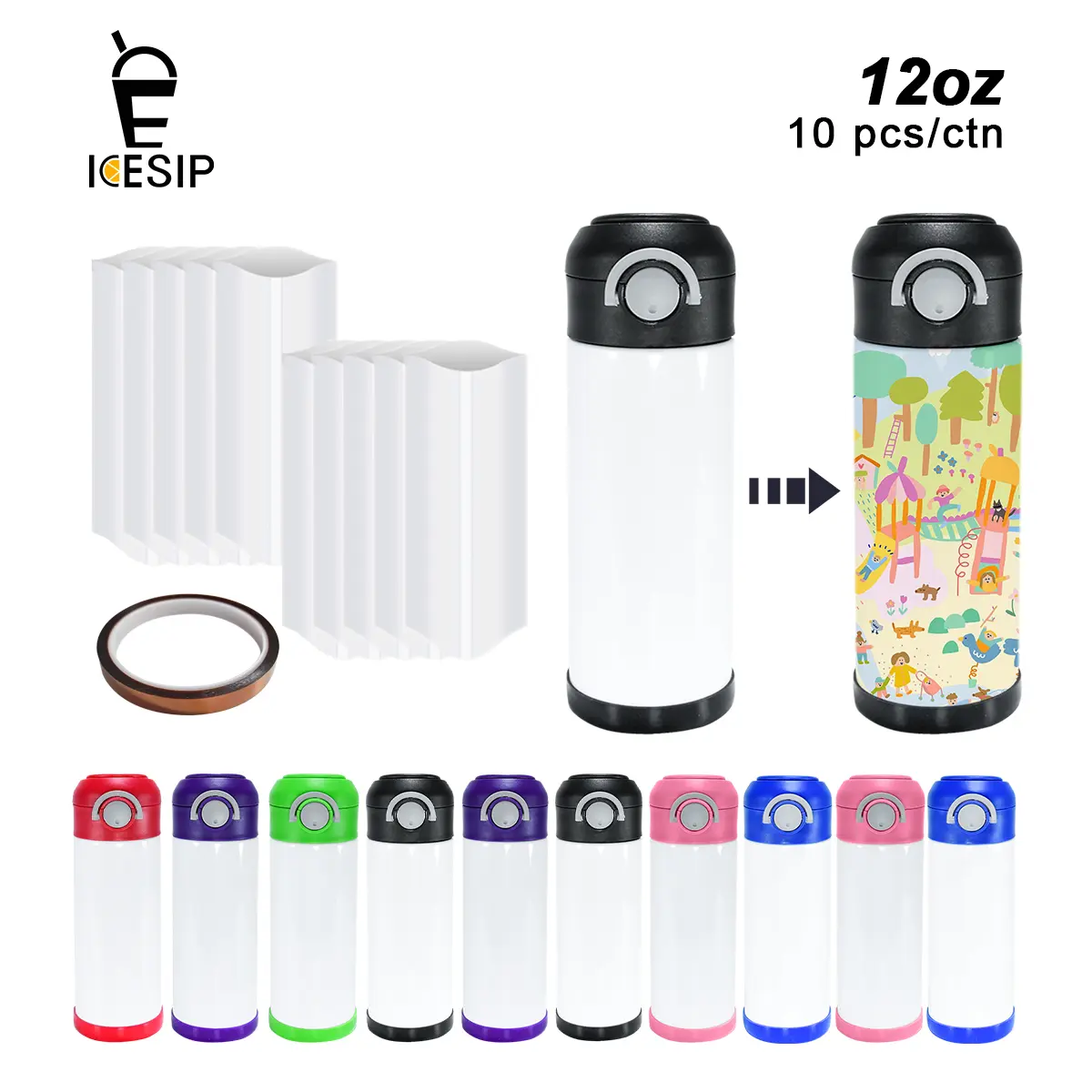 Icesip 10-Pack 12oz Glossy Stainless Steel Sublimation Tumbler, Leakproof Reusable Flip Lid, Rubber Bottom, Shrink Wrap, Thermal Flask Event Gifts Custom DIY Portable Insulated Travel Drinkware,Party Gift