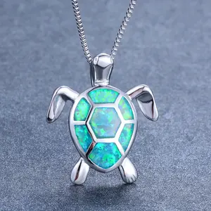 Bohemian Fire Opal Necklace For Women Silver Color Blue White Green With Large Tortoise Pendants Jewelry