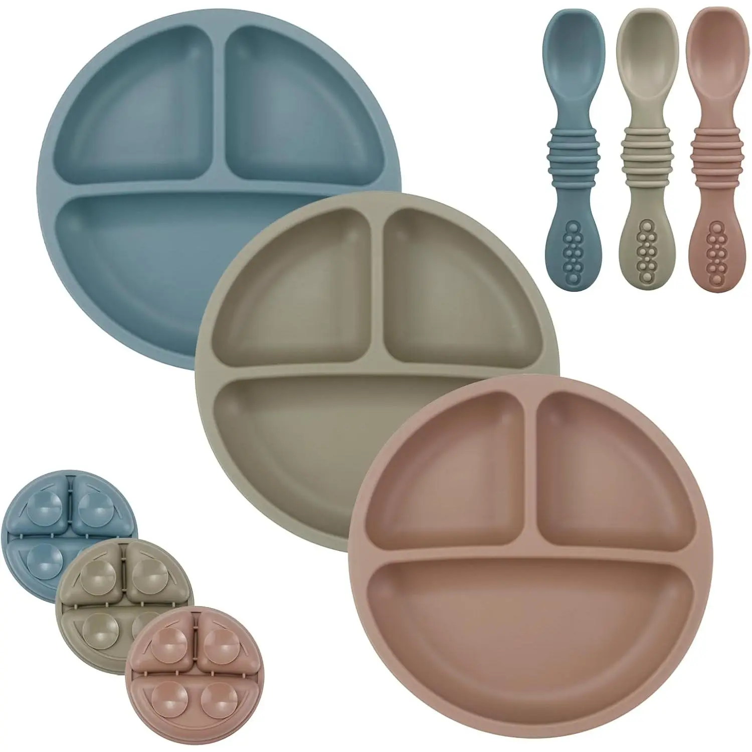 BPA-Free Silicone Baby Food Tableware Set - 3-Pack Non-Slip Divided Suction Plates, 3 Synthetic Spoons, Silicone Utensils, Dishwasher & Microwave Safe, Blue/Red/Brown for Little Hands, Indoor or Outdoor Use, Alternative to Traditional Plastics