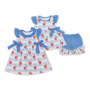 Girls' 2-Piece Family Matching Summer Clothing Set, Back-to-School Fitted Flutter Sleeve Outfit with Bowknot Print, Slight Stretch Casual Dress & Skirt Set, Family Matching Sets