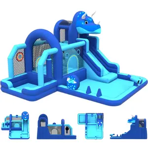 GAOMON Bounce House, Inflatable Dinosaur Bouncer with Slide and Air Blower, Oxford Cloth Jumping Castle for Kids, Durable Sewn Bouncy House with Large Play Area for Backyard, Indoor & Outdoor Family Fun-Biue