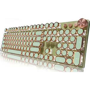 EWEADN Typewriter Style Mechanical Gaming Keyboard, Wired Mechanical Keyboards,104  Backlit LED Keyboards, Media Control Knob, Wired Computer Keyboard Pink  for Windows//PC-Green