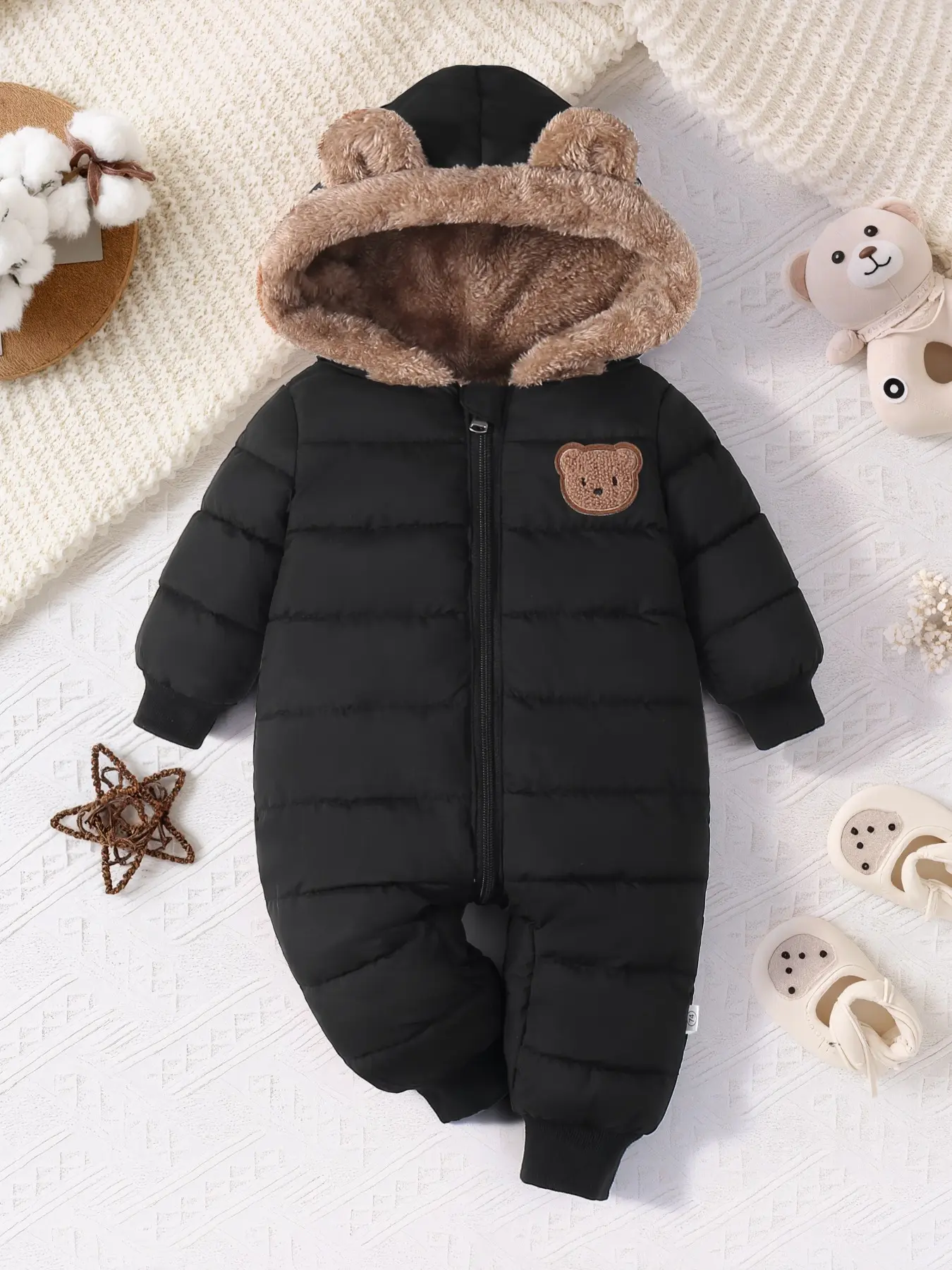 Cute Bear Thickened Warm Baby and Newborn One-Piece Bodysuit, Winter Onesie Snowsuit, Infant Outdoor Bodysuit, Easy to Match, Halloween Thanksgiving Christmas Gift