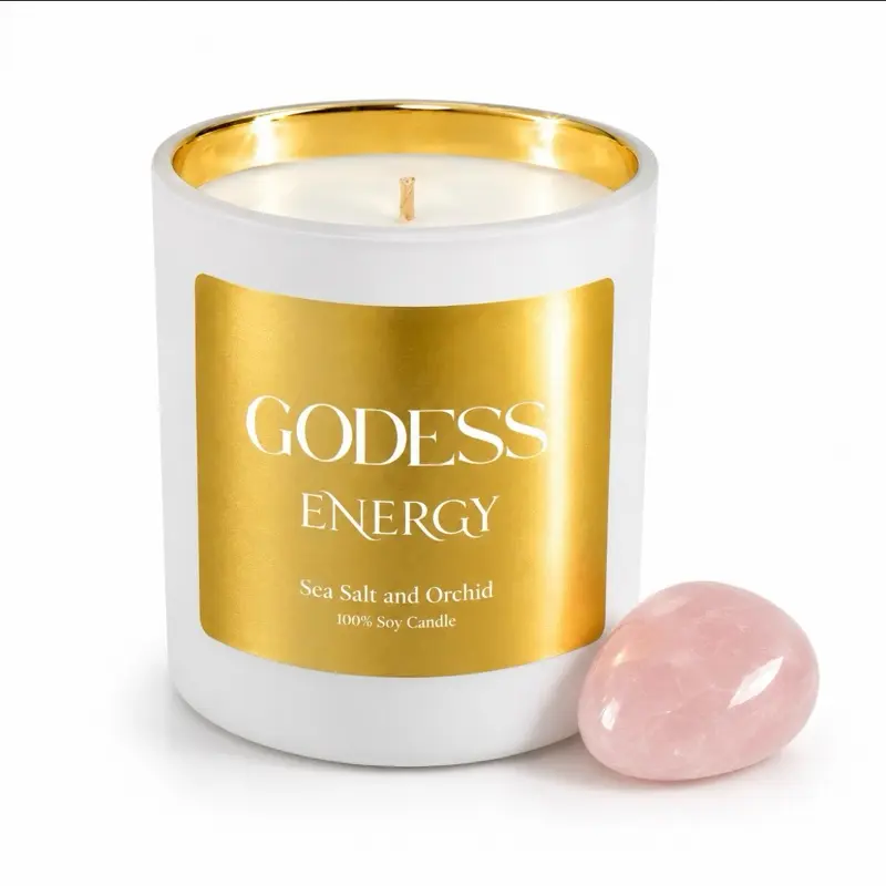 GODESS ENERGY Soy Candle | Rose Quartz Crystal | 10oz Gold Foil Label | Luxury Meditation Candle | Spiritual Gift | Mindfulness Decor