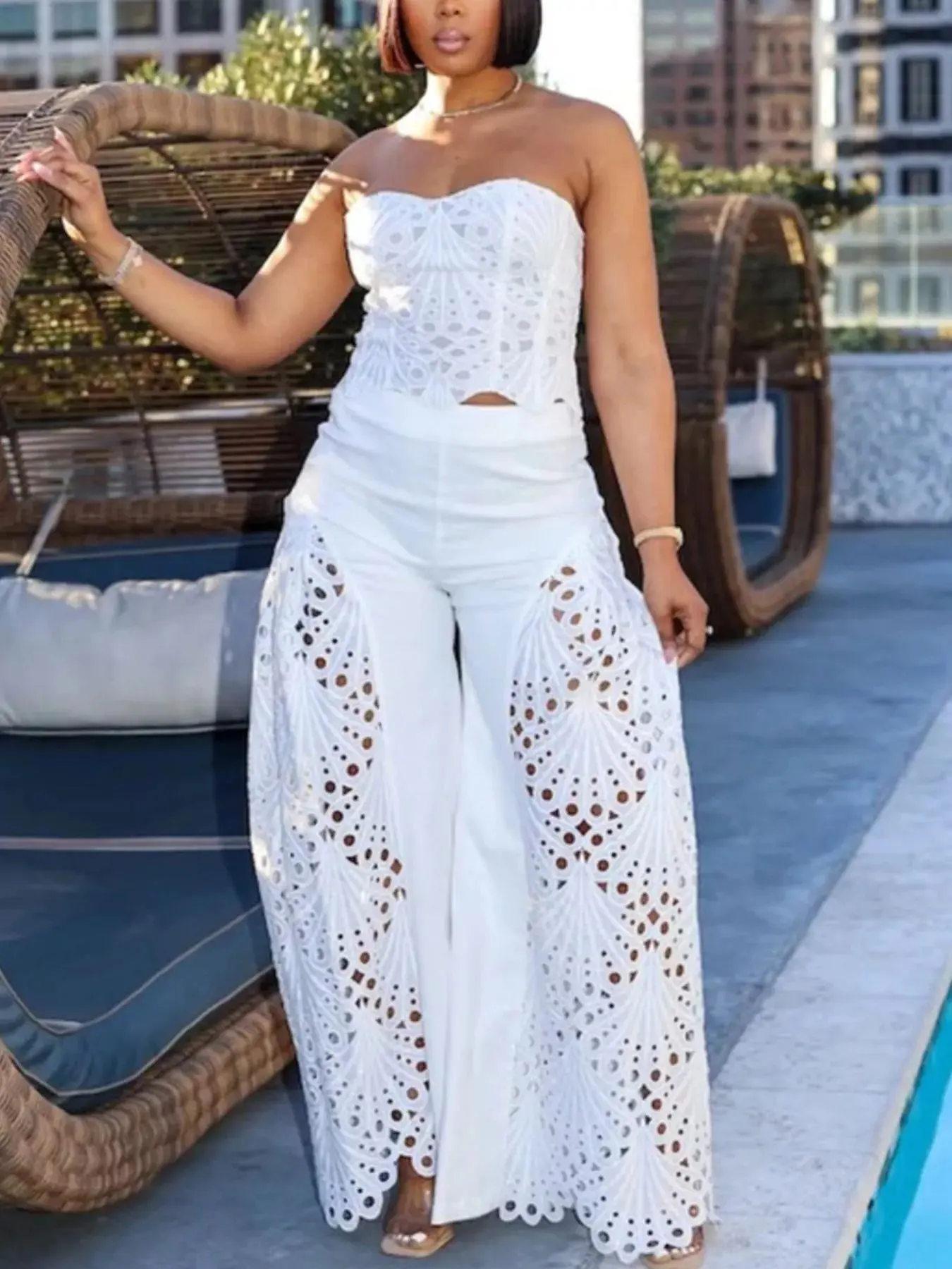 Women's 2-Piece Fashion Polyester Clothing Set - Sleeveless Cutout Tube Top, Smooth Drape Wide-Leg Bottom Pants for Day Wear, Premium Fabric Outfits Inspo