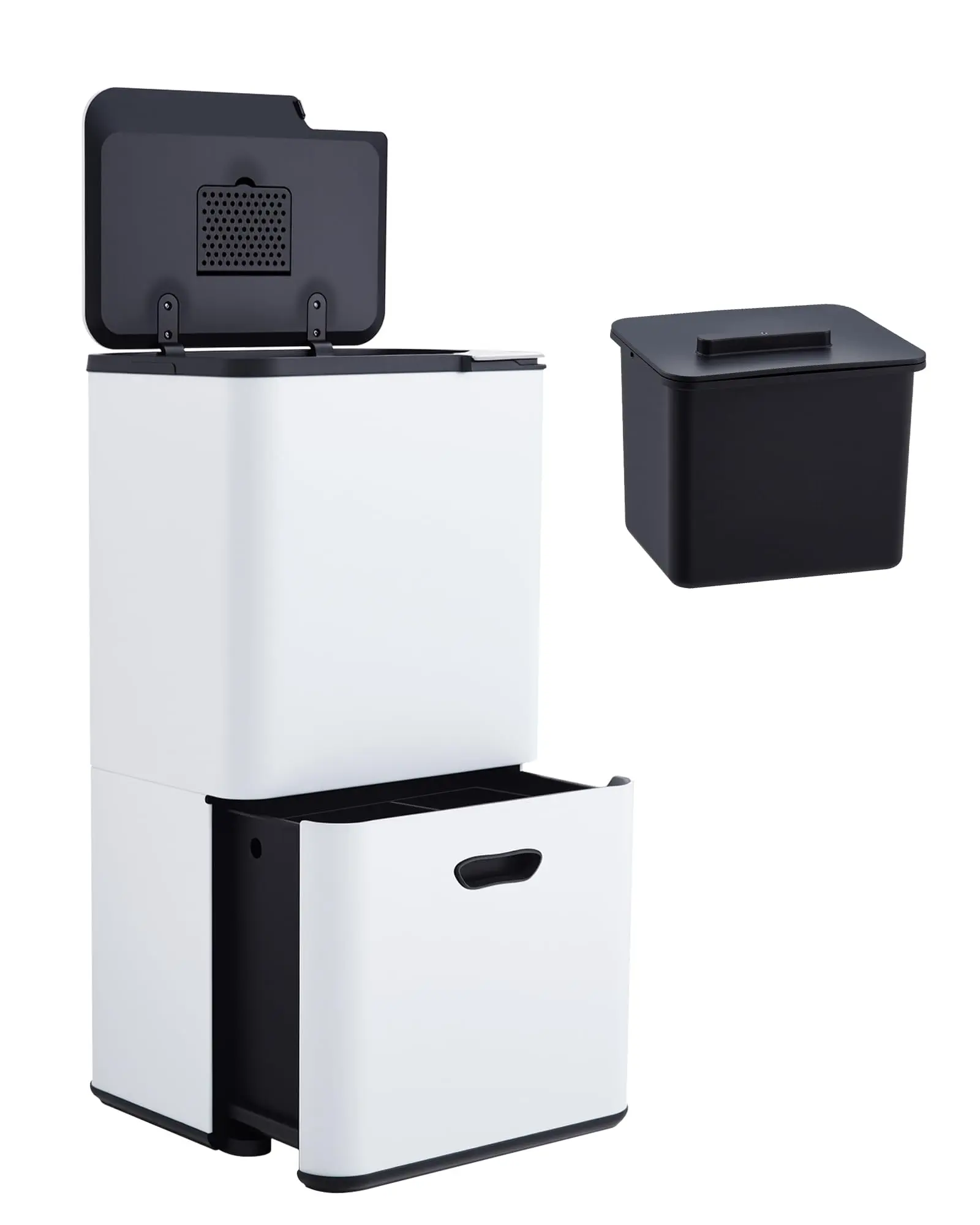 Garvee 16 Gal Dual Compartment Kitchen Can, 2 Sections (33l + 28l) with Compost Bin, Stainless Steel Recycle Bin Combo, Removable Inner Bucket, Odor Control, White Finish