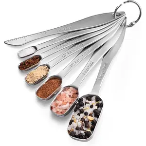 18/8 Stainless Steel Measuring Spoons:  Heavy Duty Rectangular Spoon Square Teaspoon Tablespoon Scoop with Slim Long Handle in Narrow  Jar for Kitchen Baking Cooking (Set of 7 with Leveler)