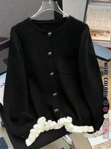 Elegant Feminine Bow Button Cardigan Sweater Coat, Long Sleeve Colorblock Patchwork Design, Casual Pocket Knitwear Fitted for Fall & Winter Women Tops Womenswear