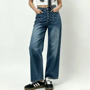 Women's High Waist Button Fly Cropped Bootcut Jeans, Dual Patch Pocket Vintage Washed Capri Denim Pants
