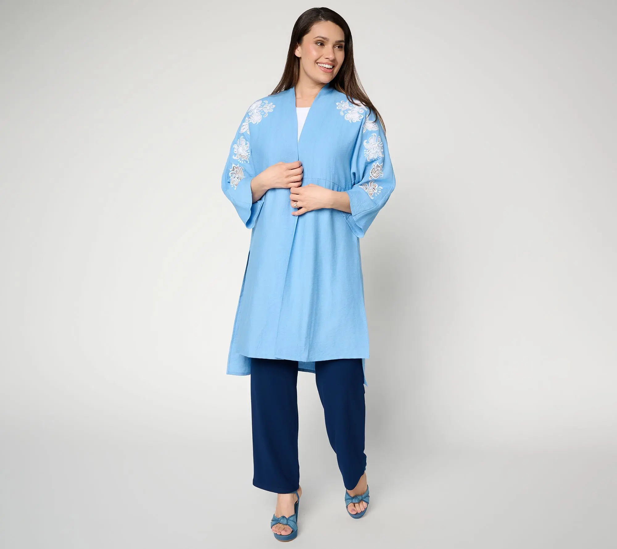 Dennis Basso Regular Rayon Woven Duster w/ Embroidery