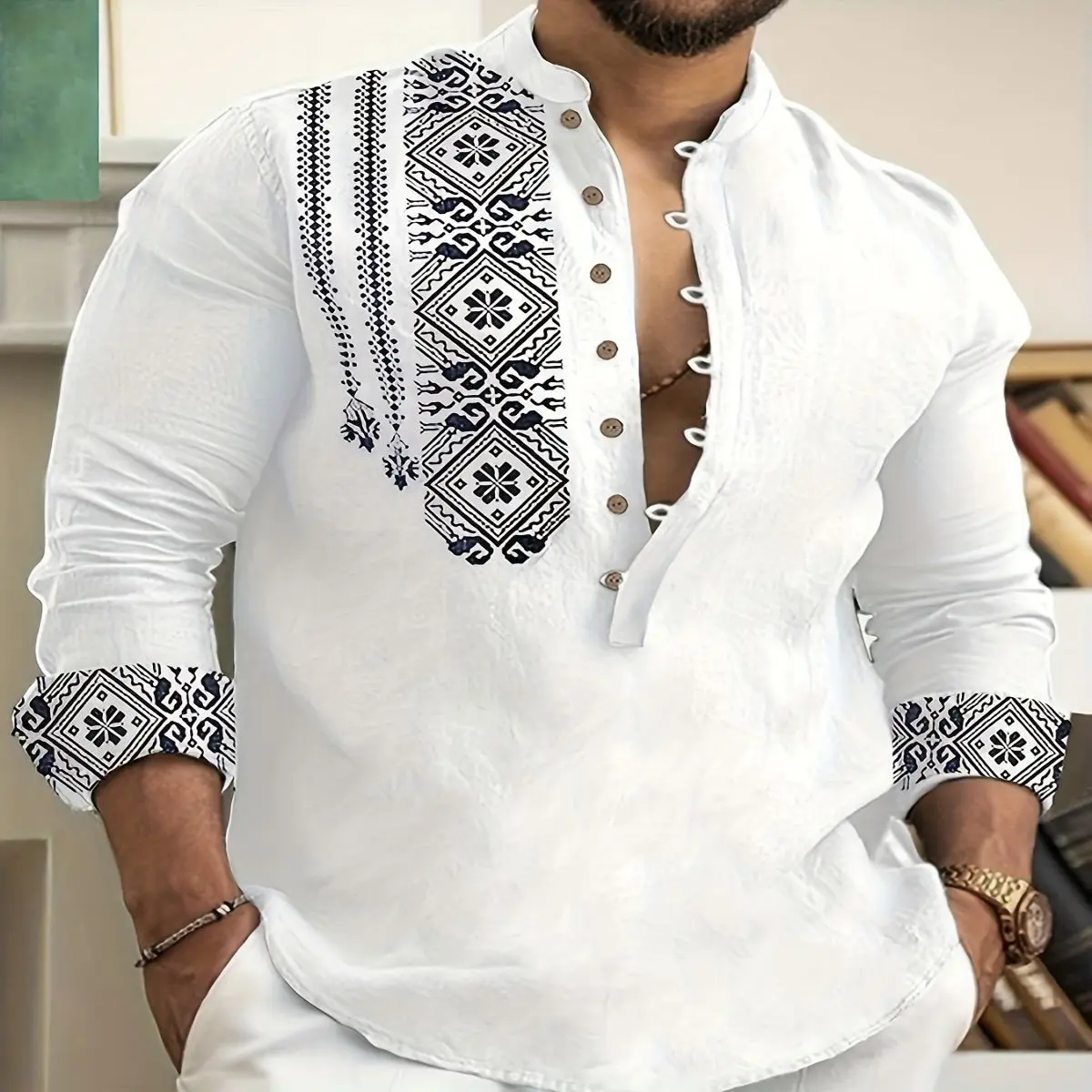 Men'S Casual Long Sleeve Henley Shirt, Geometric Pattern, Stand Collar, Regular Fit, Single Breasted, Woven Polyester 100%, Spring/Fall Top, 120gsm Fabric Weight, Hem, No Belt - H
