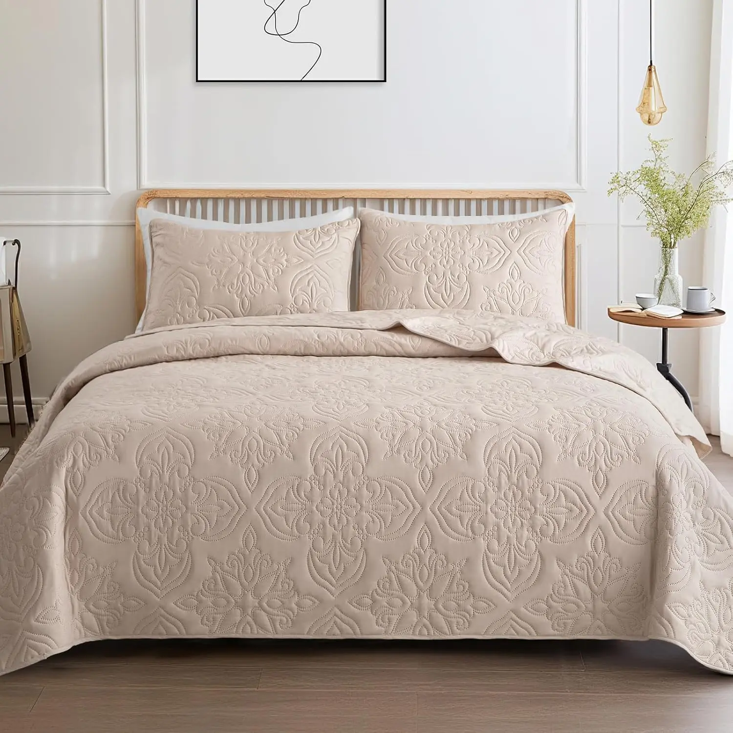 Soft  Quilt Bedding Set for All Seasons,  Damask  Full Size Quilts Set, Lightweight Reversible Bedspread, Coverlet, Bed Cover with 2 Pillow Shams, Brich Beige