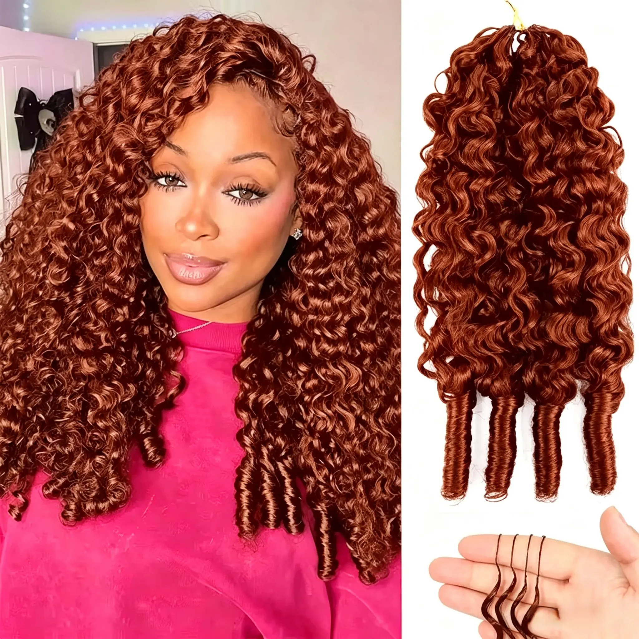 MYLOCKME Hair Human Hair Reddish Brown Crochet Hair Extension,Mircale Knots Pre-Separated Crochet Braids, Knotless Boho Braids,Mermaid Braids, Burmese curly Crochet hair Extension