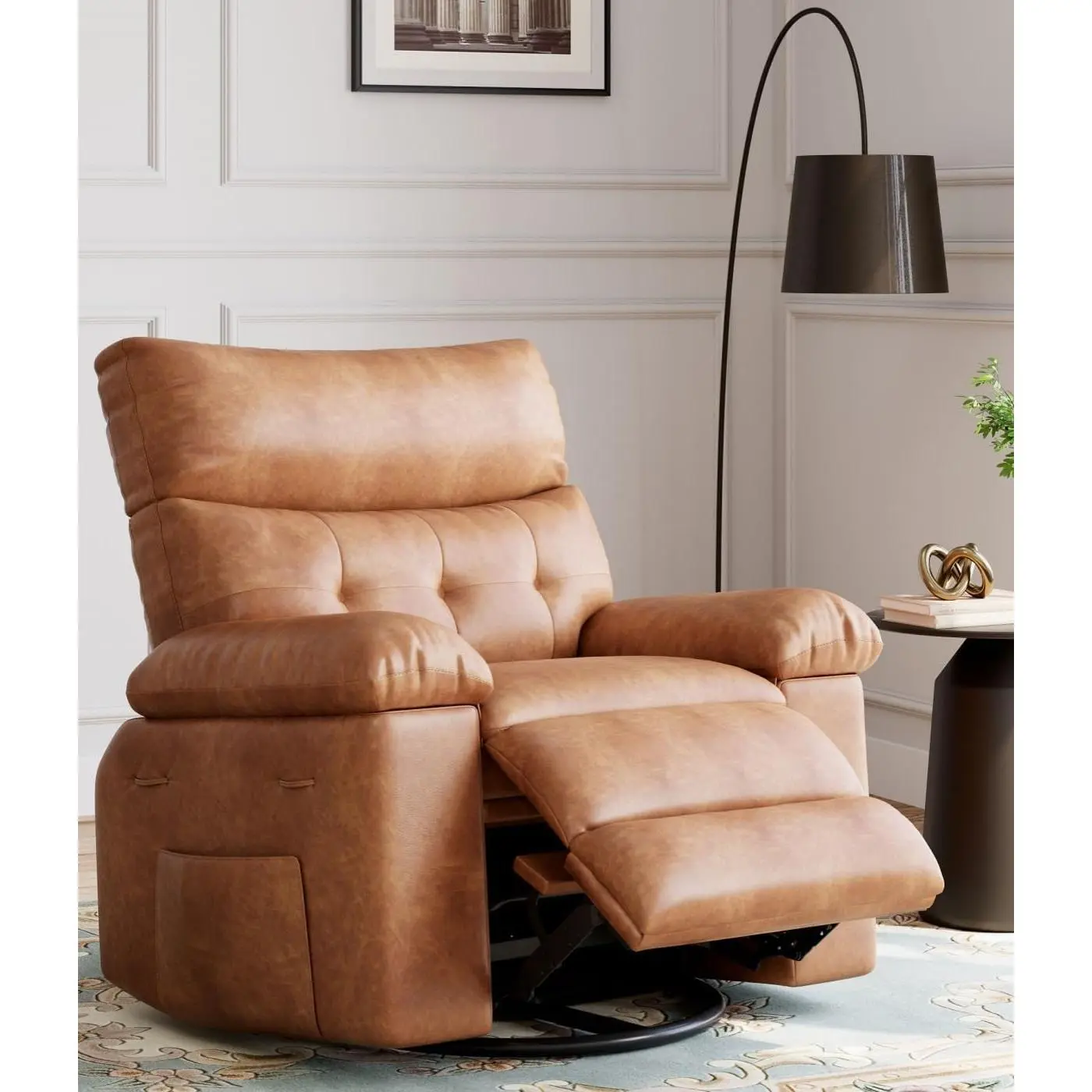 GAOMON 360° Swivel Rocking Recliner Chair - 56 in Wide Seat PU Leather Nursery Chair with Heat & Massage, Pull Handle, Vintage Dual-Tone Brown Silla Mecedora, Rocking Chair