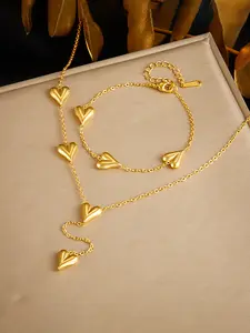 Heart Necklace Bracelet Set, Jewelry Set, 14k Gold Plated Stainless Steel, Elegant Punk Style, Perfect for Daily Wear and Fashion Parties