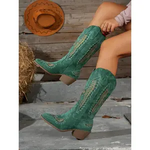 Women's Mid-Calf Denim Boots, Pointed Toe Vintage Style, Thick Heel Embroidered Stitching, Fashionable Knight Long Boots