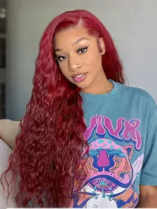 Burgundy Synthetic Lace Front Wig Deep Wave Natural Density Pre-Plucked Hairline 13x4 High Definition Transparent Lace Party Christmas Halloween 28 Inch
