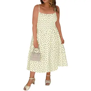Tankaneo Women's Plus Size Midi Dress Summer Polka Dot Square Neck Long Dresses Spaghetti Strap Smocked Beach Sundress