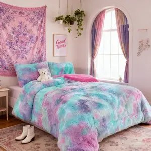 3pc Tie-Dye Shaggy Comforter Set, Luxury PV Faux Fur & Soft Velvet Back, Ultra Plush Warm Winter Quilt, Thick Minky Fleece Cozy Bedding Reversible Blanket, Modern Marble Aesthetic Room Decor Christmas Present, Queen King California Size, Local Warehouse
