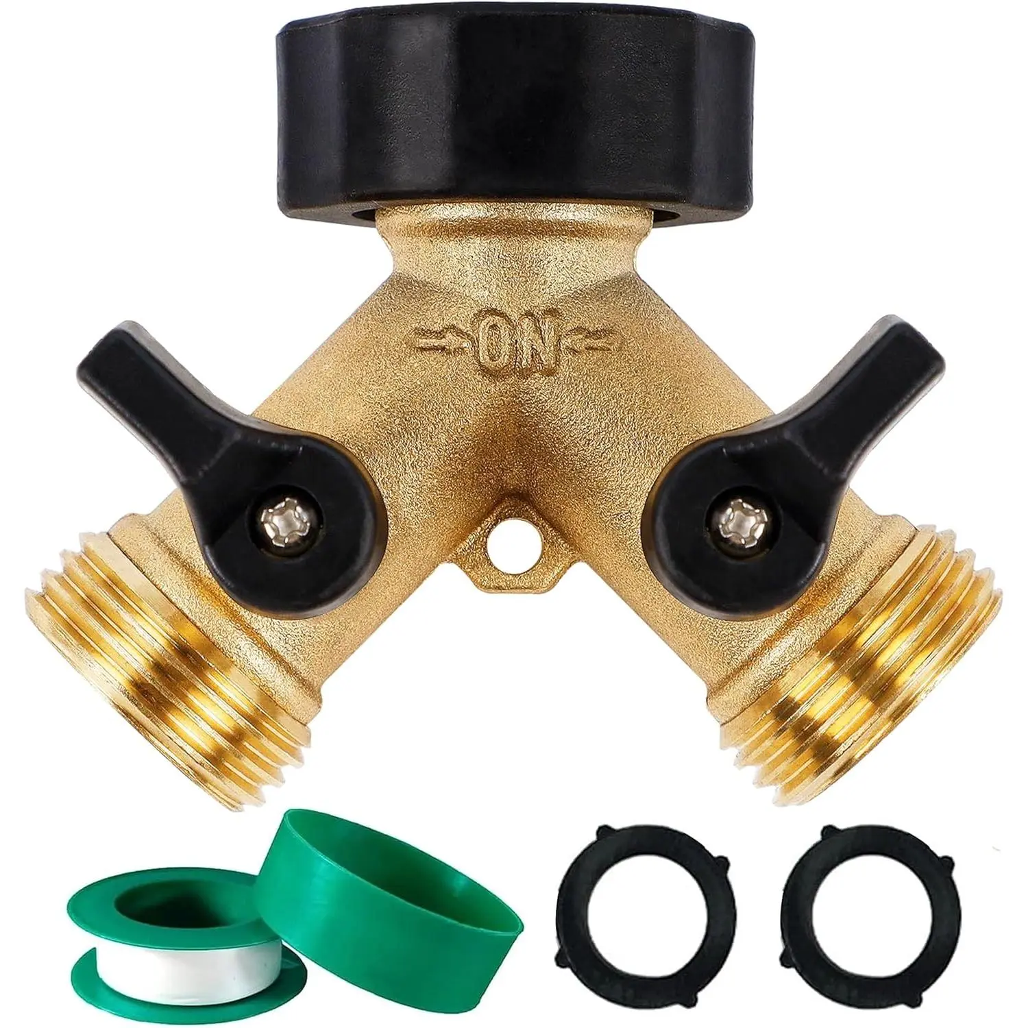 Garden Hose Splitter 2 Way, Heavy Duty Brass Connector Tap Splitter, Y Splitter 2 Valves with 2 Extra Rubber Washers