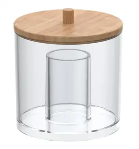 Acrylic Cotton Ball and Swab Organizer with Bamboo Lid—Clear Qtips Dispenser, Easy Refill Jar for Vanity Makeup Organizer