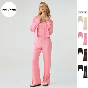 KatchMe Women's Leisure Slim Camisole & High Waist Trousers with Long Sleeve Cardigan Three-Piece Set, Solid Basic 3 Piece Outfits, Casual Lounge Set