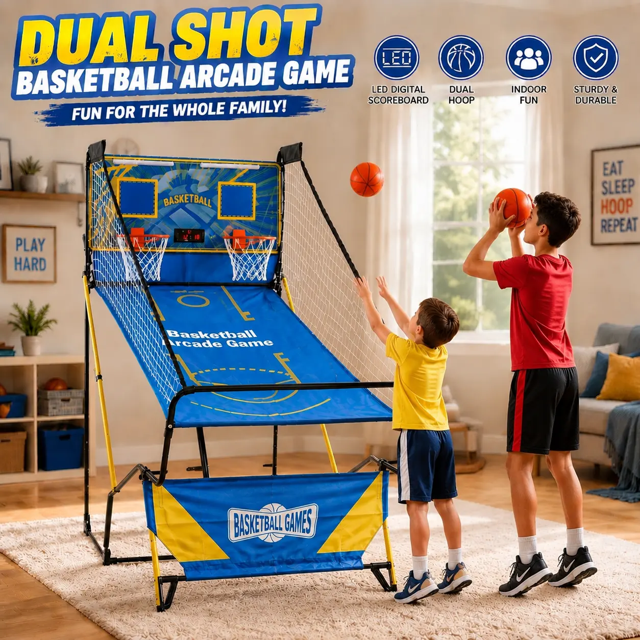 Unisex Kids Basketball Arcade Game with Metal Frame, Dual-Shot Foldable Indoor Mini Hoop, LED Scoreboard, 4 Balls & Pump, Family Home Entertainment Sports Toy