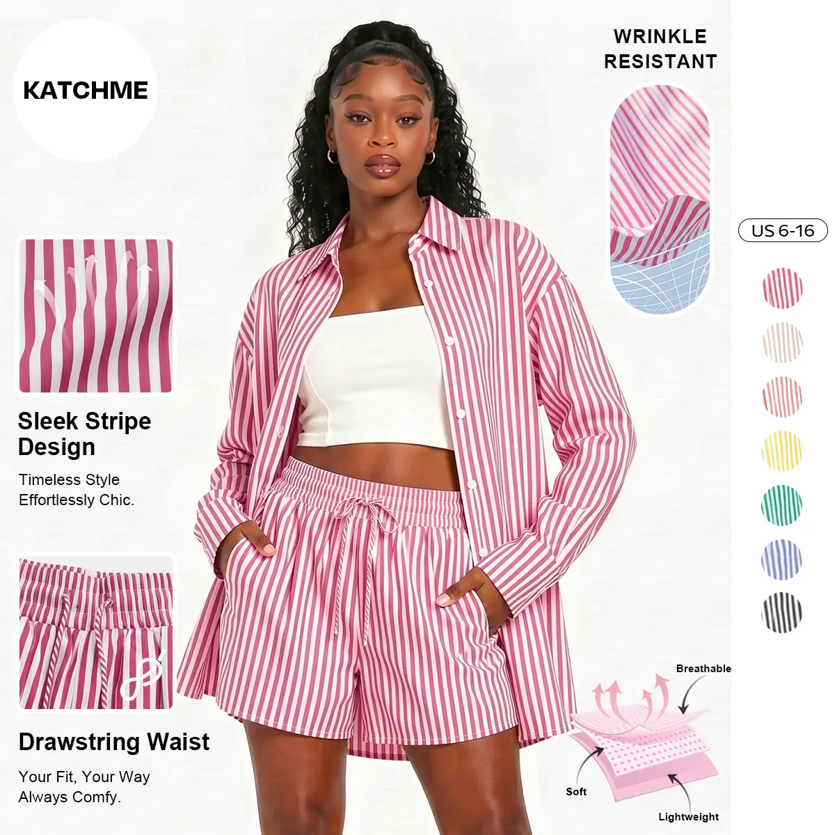 Katch Me Women's Casual Color Matching Striped Long Sleeve Shirt & Drawstring Waist Shorts Loungewear Co-ord, Lightweight Loose Two-Piece Set, Skin-Friendly Womenswear