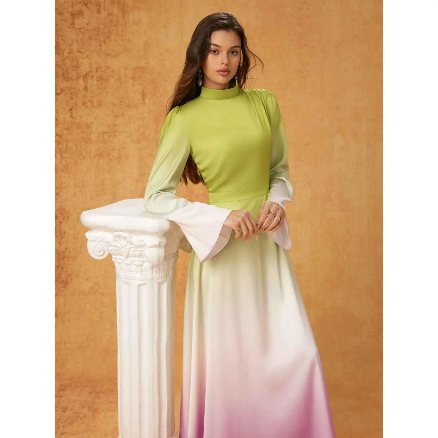 Cider Satin Stand Collar Gradient Lace Up Bell Sleeve Flared Maxi Dress  SwimWeek - TikTok Shop