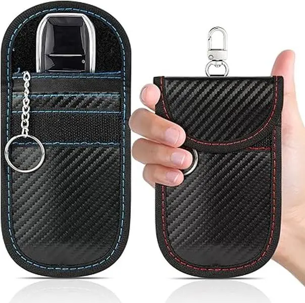 Premium Carbon Fiber Textured RFID Signal Blocking Faraday Pouch 2-Pack - Anti-Theft Car Key Accessory, Simple Pouch for Quick Storage, Fits Most Car Keys (Red+Blue, Small)