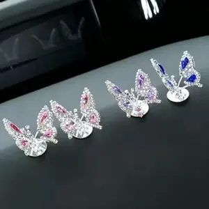4pcs Sparkling Rhinestone Butterfly Car Dashboard Ornaments, Bling Crystal Figurines, Shaking Spring Decor, Cute Home & Vehicle Accessories, Car Decorations