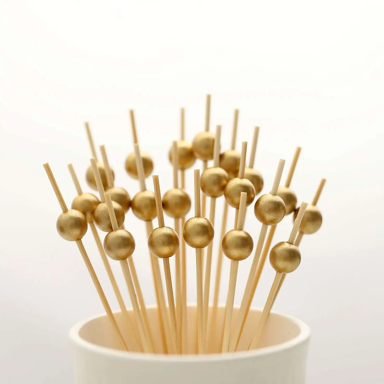 100-Pack 4.5" Bamboo Skewers with Gold Pearl Decorative Tops - Eco-Friendly Bar Utensils for Finger Food, Mini Burgers, Sandwiches, Parties, Banquets