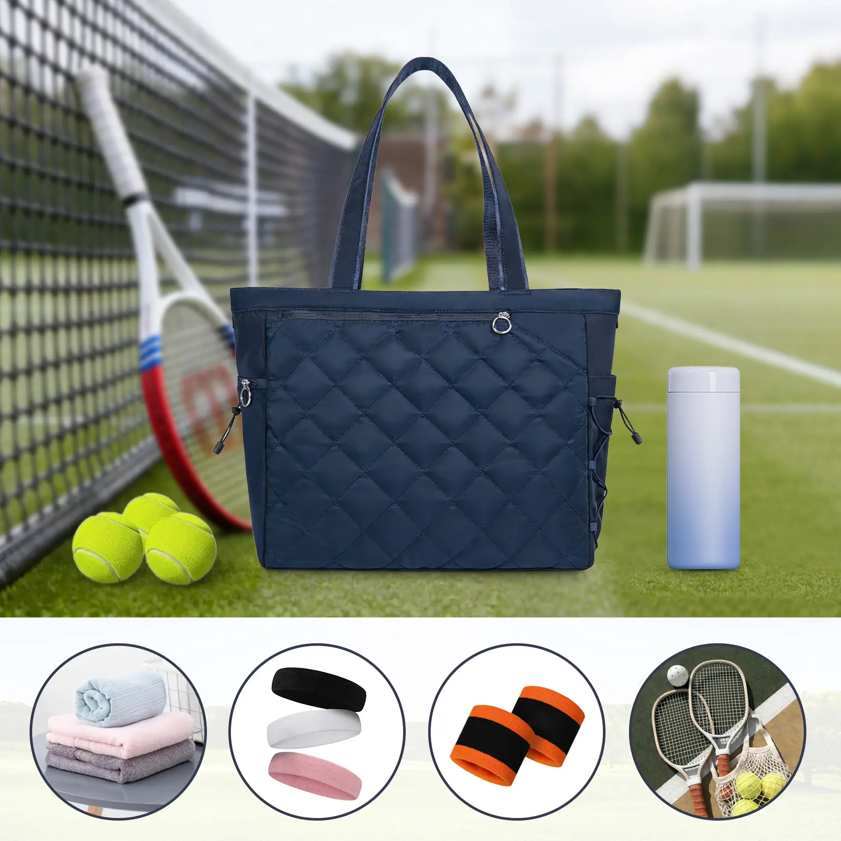 Women's Extra-Large Quilted Polyester Tennis Tote Bag, Water-Repellent, Lightweight with Shoe Compartment, Fits 2-4 Tennis/Pickleball Paddles, Ideal for Sports, Travel, Female