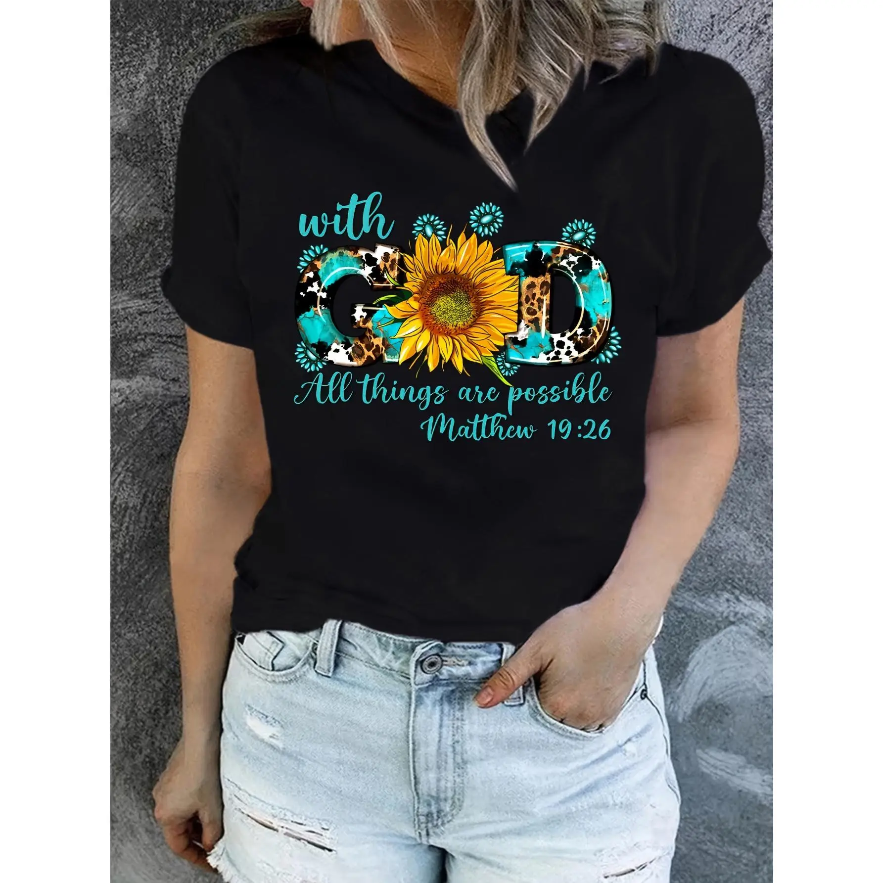 "With God All Things Are Possible" Matthew 19:26 Women's Tee - Soft & Breathable Inspirational Top, Faith-Based Graphic T-Shirt for Church & Everyday Wear | Christian Women's Fashion, Relaxed Fit Summer Comfort