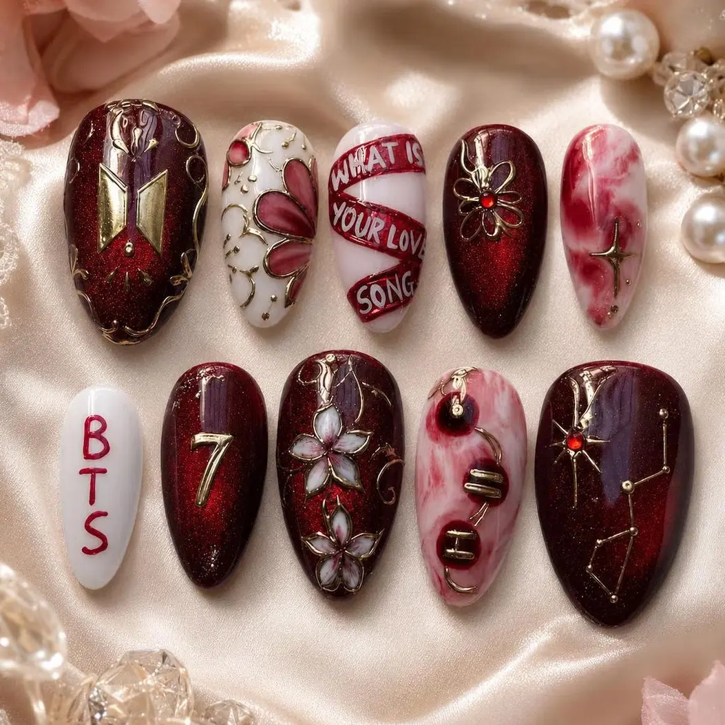 Bangtan Arirang Press On Nails, Red Black Silver Kpop Nail Set, Army Concert Gift, Reusable Custom Fake Nails