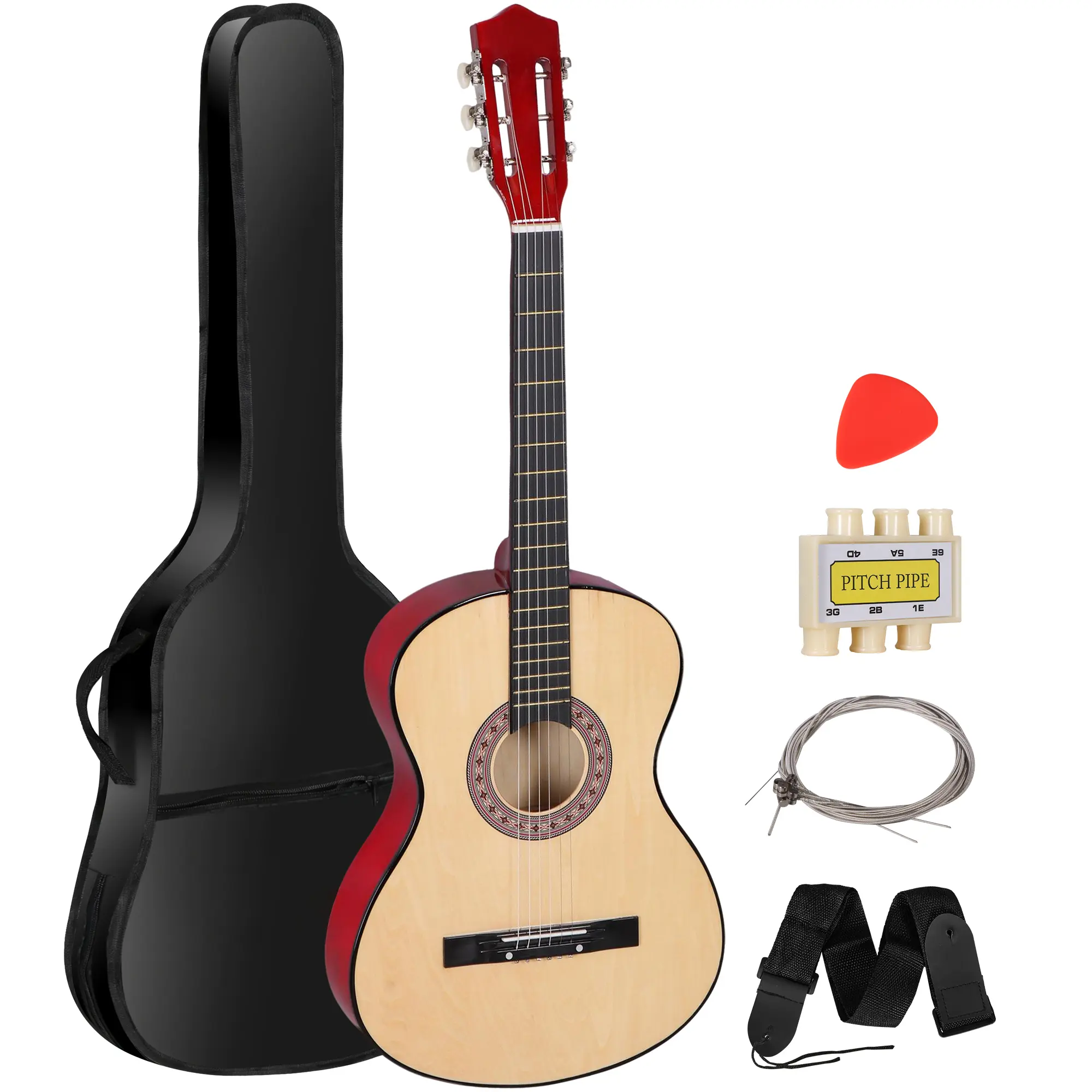 Zeny 38-in Lightweight All-Wood Kids Acoustic Guitar - 6-String, Classic Shape, Right-Hand Design, Natural Finish, Beginner Full Set with Case, Strap, Tuner, Guitar Picks, Acoustic Guitar Full Set