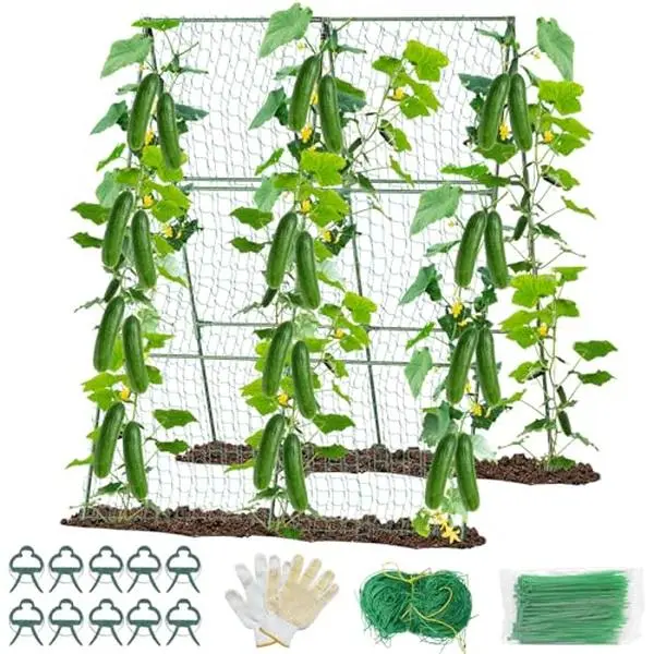 Cucumber Trellis for Raised Bed, 55" x 56" Adjustable A-Frame Garden Trellis, Rust-Proof PE-Coated Steel Plant Support for Climbing Vines, Peas & Beans, with Netting & Clips