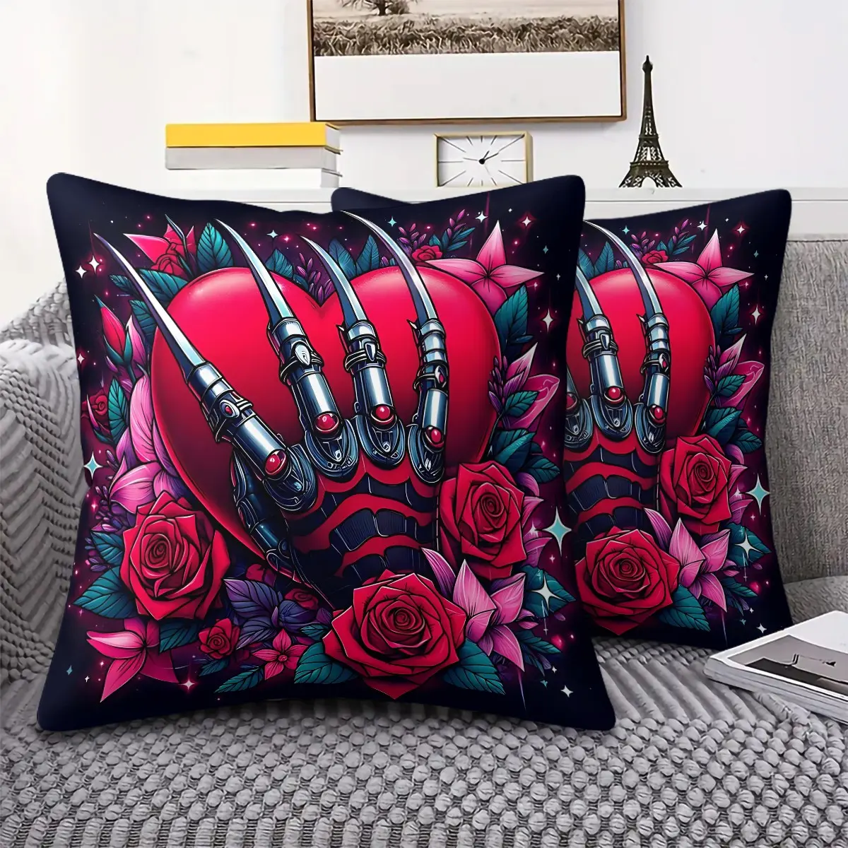 Vibrant Gothic Throw Pillow with Digital Print, Featuring a Bright Red Heart and Mechanical Claw Hand Design, Surrounded by Bold Flowers & Sparkling Stars, 45cm Square Pillow, Home Decor, Sofa, and Bedroom Accent, Stylish & Unique Decorative Cushion