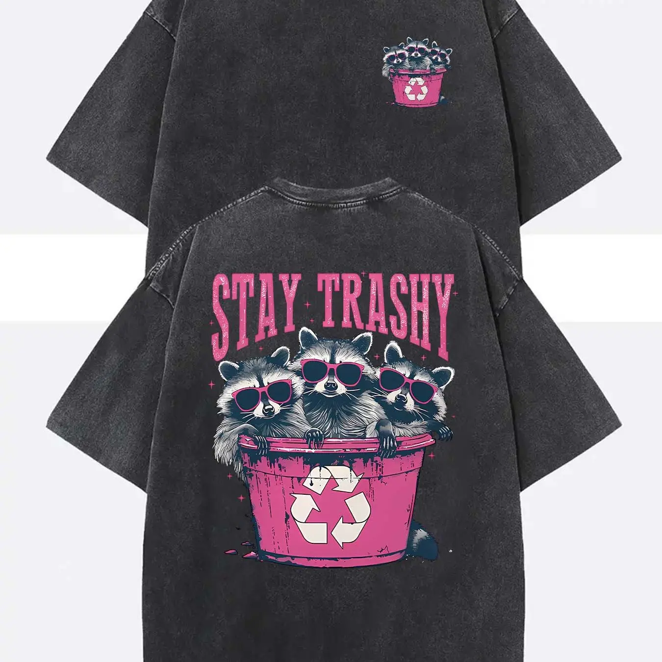 Unisex Stay Trashy Graphic Tee -  Heavyweight Washed Black Tee with Pink Raccoon & Bin Design, Relaxed Fit Crew Neck for Summer Festivals, Beach Trips & Ironic Gifts | Eco-Conscious Humor Casual Stylish