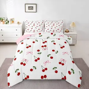 Cherry Bow Quilt Set, 3-Piece Bedding with Inner Core, Bow Print, Warm and Skin-Friendly, Sweet Girl Bedroom Decor