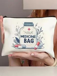 1pc Medicine Bag Travel Pouch - Lightweight, Foldable Cosmetic Organizer, Cosmetics Bag, Makeup Storage Organizer with Zipper Closure, Hand Washable, White with Herbal Design, Perfect for Storing Medications and Toiletries, Toiletry Travel Bag