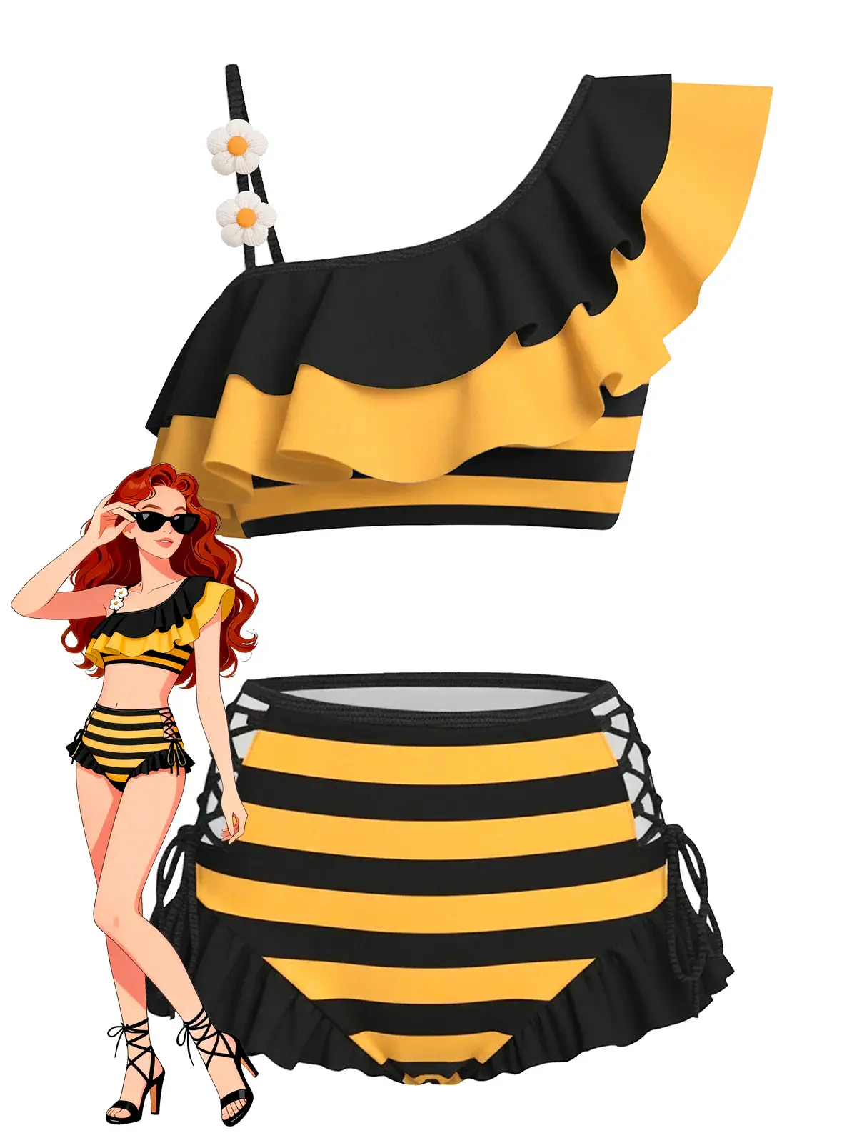RETRO STAGE Women's 1940s Retro Bikini Set, 2-Piece Bee Stripe Strapless Bandeau with Ruffled Daisy & High Waisted Bottoms, Removable Pads