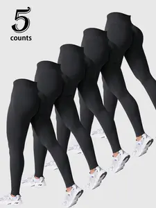 5 Pcs Women High-Waist Seamless Yoga Pants, Soft Elastic Ribbed Compression Sport Tight, Adjustable Waistband, All-Season Fitness Wear