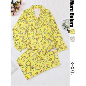 Cute Duck Print Women's Pajama Set, Long Sleeve Shirt Collar Button Soft Top & Loose Elastic Pants Pjs, Casual Home Wear